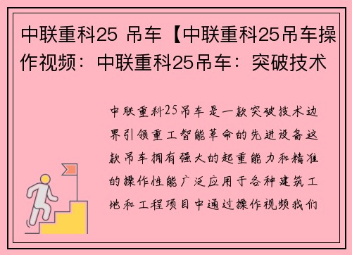 中联重科25 吊车【中联重科25吊车操作视频：中联重科25吊车：突破技术边界，引领重工智能革命】