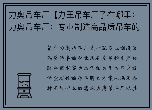 力奥吊车厂【力王吊车厂子在哪里：力奥吊车厂：专业制造高品质吊车的领导者】