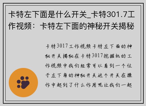 卡特左下面是什么开关_卡特301.7工作视频：卡特左下面的神秘开关揭秘